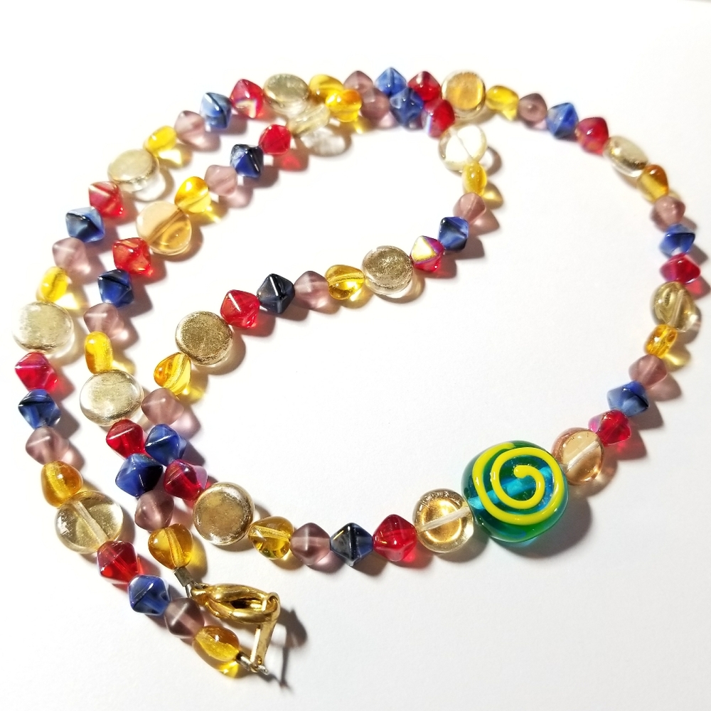 Artsy necklace colorful glass bead necklace spiral blue red